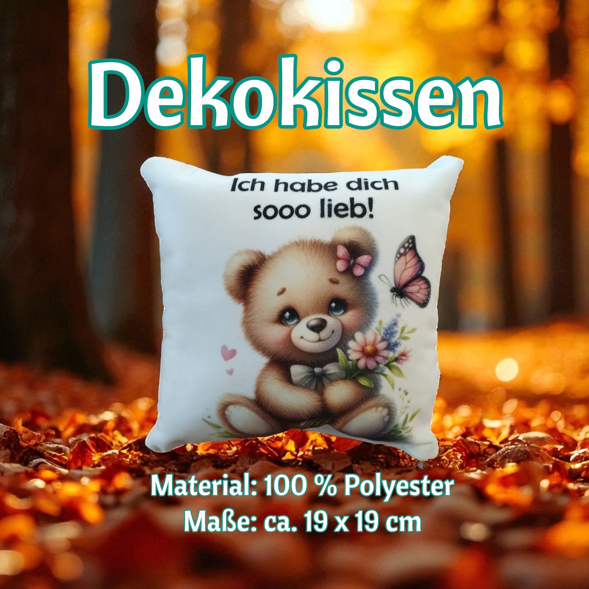 Vorderseite des sublimierten Dekokissens aus 100 % Polyester ca. 19 x 19 cm 