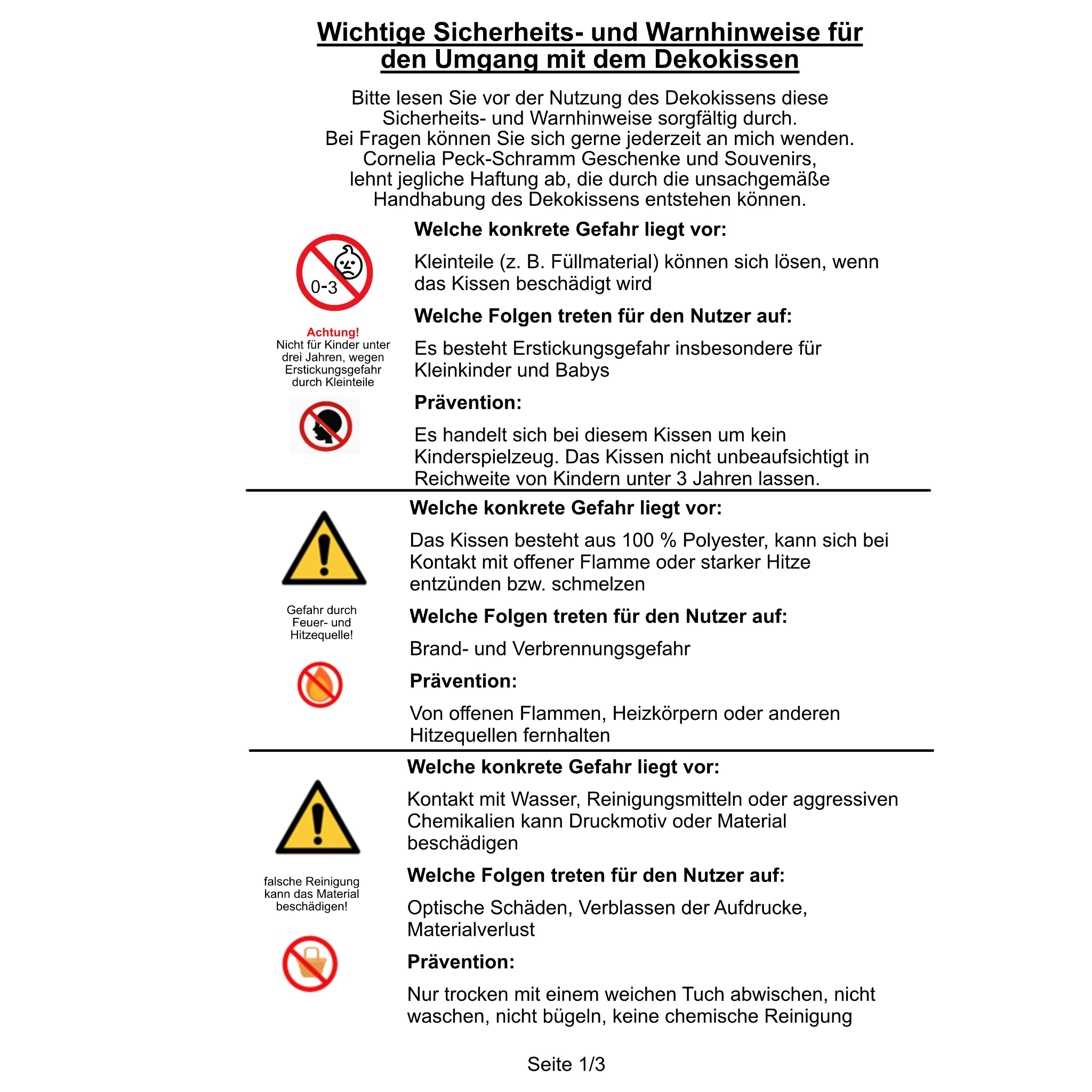Warnhinweise fuer das Dekokissen Seite 1