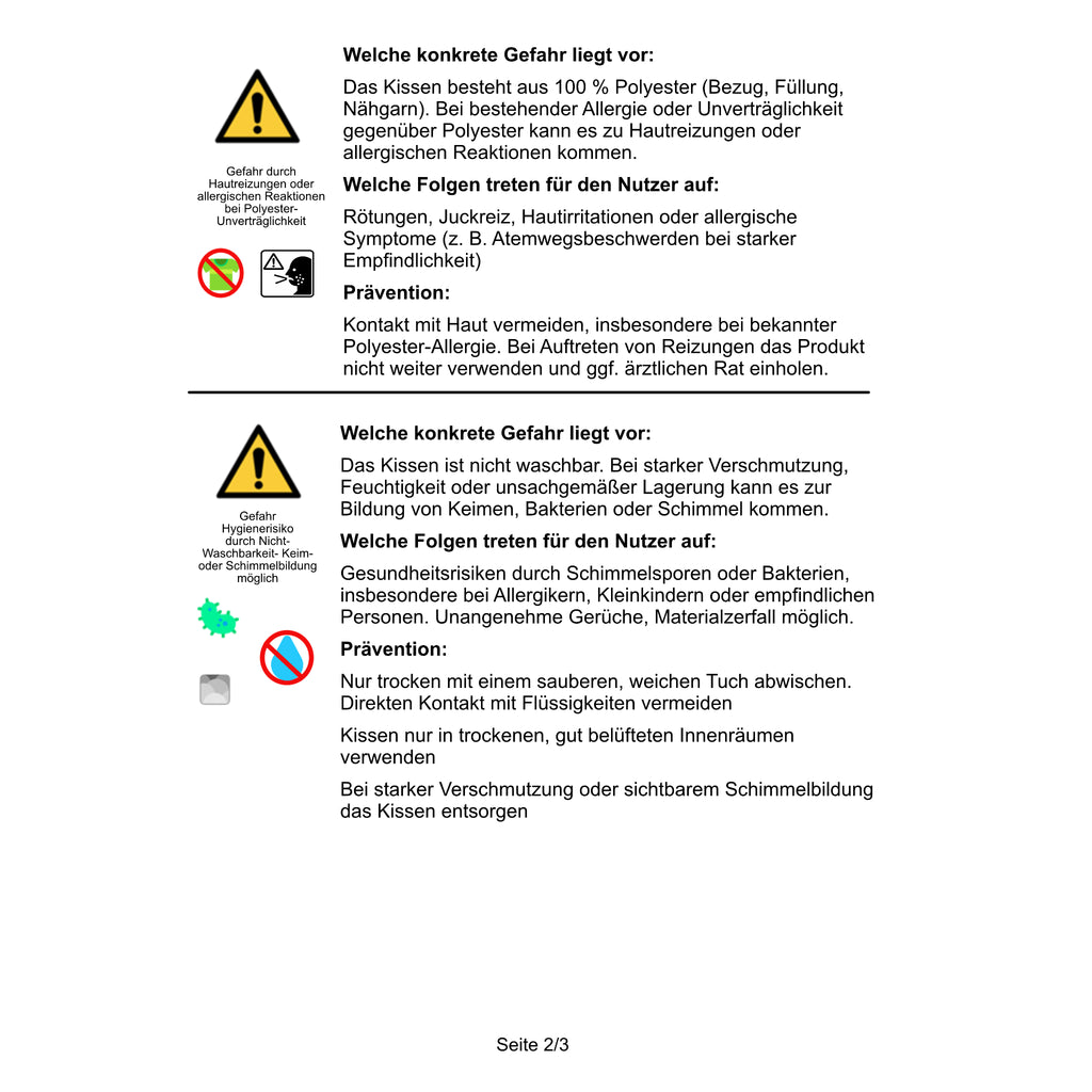 Warnhinweise fuer das Dekokissen Seite 2